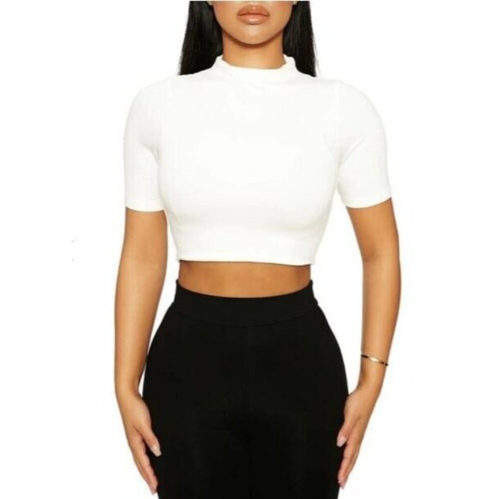 Naked Wardrobe White Crop Top Mock Neck Short Sleeves Top Sz XS NEW